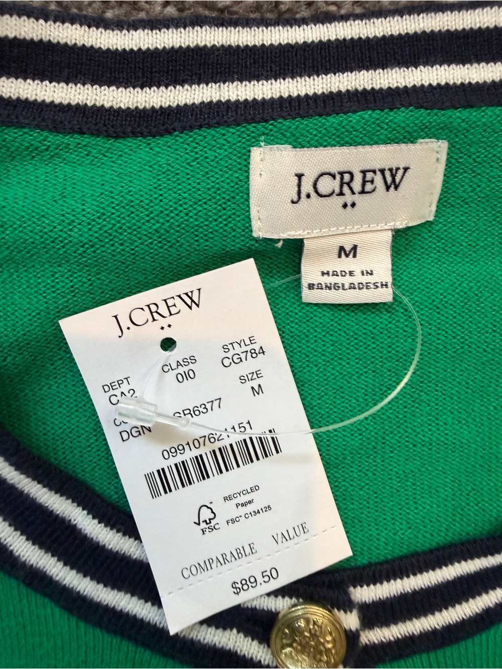 Women’s J. Crew Green Crewneck Cardigan with Navy Stripe Trim - Picture 7 of 8
